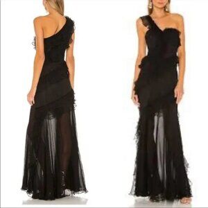 New AMUR Harlow Maxi Dress in Black Silk Sheer Formal One Shoulder Gown Size 4